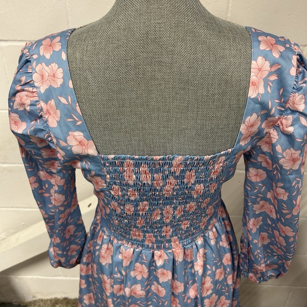Dondolo Blue Pink Floral Smocked Scallop Hem Midi Dress Woman’s Size Large - Picture 4 of 11